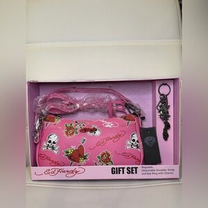 NWT Ed Hardy Hot Pink Tattoo Heart, Rose & Skull Mini Bag w/ Charm
